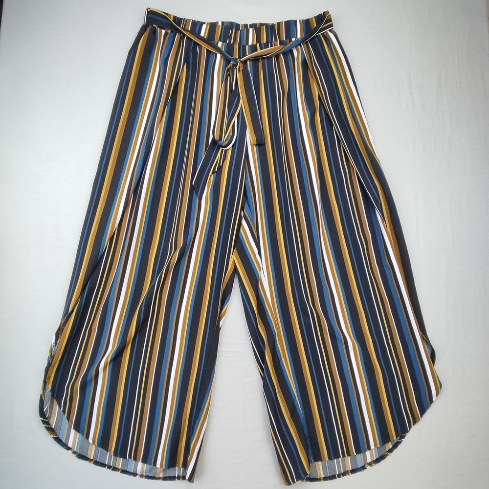 SHEIN Pants Womens 2XL Multicolor Striped Wide Leg Split Palazzo Belted Casual